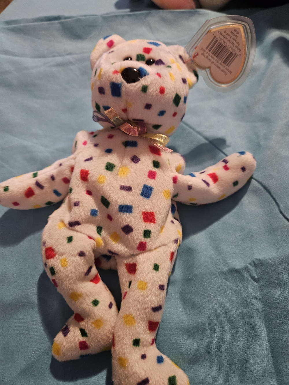 Ty White Confetti Square Plush Bear with Multicolor Spots